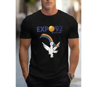 Shein Camiseta retro de hombre Expo '92 Sevilla con patrón de la Expo '92 Sevilla, de color negro con acentos blancos y azules, de corte regular, casual par