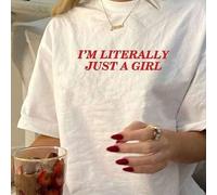 Shein Camiseta retro de mujer con estampado de letras "I'm Just A", de cuello redondo, manga corta, de verano y casual, en color blanco con fuente roja, lav