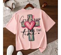 Shein Camiseta rosa de mujer con gráfico de cruz y corazón, cita inspiradora de fe cristiana "Dios siempre es bueno", manga corta cuello redondo, suave y có