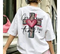 Shein Camiseta rosa para mujer con gráfico de cruz y corazón, cita inspiradora de fe cristiana "Dios es siempre bueno", manga corta cuello redondo blanco ca