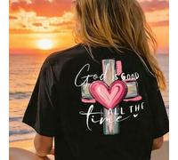 Shein Camiseta rosa para mujer con gráfico de cruz y corazón, cita inspiradora de fe cristiana "Dios es siempre bueno", estilo casual holgado negro