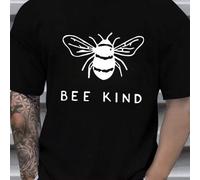 Shein Camiseta sencilla con estampado de abejas y la inscripción "BEE KIND", para hombre, cuello redondo, 220 g/m², para verano, de puro algodón, manga cort