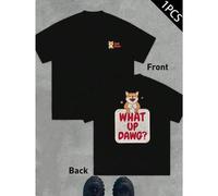 Shein Camiseta Shiba Inu "What Up Dawg Dog", mezcla de algodón de primera calidad con estampado a doble cara, corte holgado, moderna, esencial para el día a