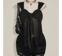 Shein Camiseta sin mangas asimétrica con borde de malla transparente para mujer de talla grande, top para rave, verano, vuelta al colegio, estilo Y2K