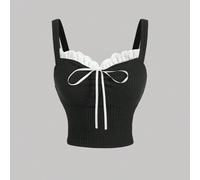 Shein Camiseta sin mangas con adorno de encaje negro para mujeres, atuendos de mujer para crucero, ropa de Halloween, ropa de mujer de otoño, top sexy, blu