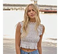 Shein Camiseta sin mangas con detalles de encaje bordado y lazo en la espalda, estilo boho chic casual de otoño e invierno, ideal para conciertos country y