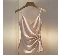 Shein Camiseta sin mangas de satén casual con diseño de tirantes finos y escote en V minimalista francés, que ciñe la cintura, para primavera/verano