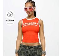 Shein Camiseta sin mangas de verano casual con gráfico "America's Sweetheart" y detalles de ribete en contraste