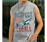 Shein Camiseta sin mangas para niños con estampado de tiburón cool y respeto a la gente local, camiseta sin mangas holgada de verano para la playa, tela sua