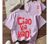 Shein Camiseta suave y cómoda con estampado italiano "Ciao Ka Kao" para niñas preadolescentes, adecuada para deportes al aire libre, uso casual, estilo call