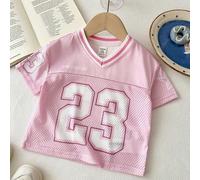 Shein Camiseta suelta casual con gráfico #23 rosa & blanco estilo deportivo de calle para bebé niña, ropa de bebé niña, camiseta rosa para bebé niña, tops p