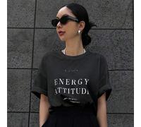 Shein Camiseta suelta de cuello redondo con estampado de letras de manga corta para mujer "Keep Smiling ENERGY ATTITUDE See The Good Time For You", camiseta