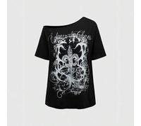 Shein Camiseta suelta de hombros caídos con estampado de enredadera desteñida, estilo vintage punk subcultura Y2K, para primavera/verano, escuela