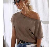 Shein Camiseta suelta de manga corta de murciélago con cuello asimétrico liso y casual para mujer