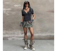 Shein Camiseta suelta de manga corta y cuello redondo con bolsillo canguro, lavada y desgastada de estilo vintage para mujeres, negra/gris, para el verano,