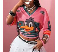 Shein Camiseta suelta de mujer con cuello en V y estampado de dibujos animados, con hombros caídos