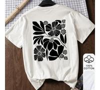 Shein Camiseta suelta de verano para mujer, con estampado floral, 100% algodón blanco de manga corta, camiseta gráfica