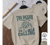 Shein Camiseta suelta de verano para mujer, "El océano está llamando" y estampado de tortuga marina, 100% algodón, camiseta gráfica, Año Nuevo Chino, Año Nu