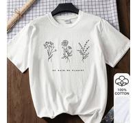 Shein Camiseta suelta de verano para mujer, estampado "SIN LLUVIA NO HAY FLORES", camiseta gráfica de algodón 100% blanca de manga corta, ropa de vuelta al