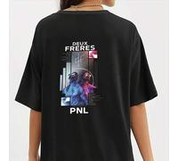 Shein Camiseta suelta impresa con el álbum "DEUX FRERES" de PNL, de estilo casual de verano para mujer
