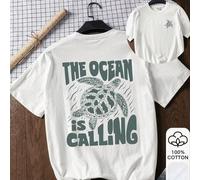 Shein Camiseta suelta para mujer, "El océano está llamando" y estampado de tortuga marina, 100% algodón, camiseta gráfica de manga corta blanca, Año Nuevo C