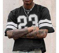 Shein Camiseta tipo camiseta de baloncesto informal de manga corta con estampado de letra a rayas, de malla transpirable para hombres, para primavera/verano