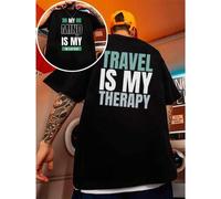 Shein Camiseta Travel Therapy Vacation, para hombre, con estampado de doble cara, moderna, informal, cuello redondo, 220 g/m², algodón puro (1 unidad)
