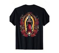 Shein Camiseta unisex con la imagen de Santa Muerte, la Santa de la Muerte, y un diseño floral gótico . Tiene un cuello redondo y mangas cortas, lo que la h