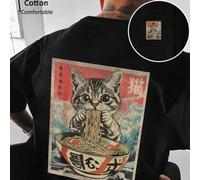 Shein Camiseta unisex de algodón 100% acanalado, de unicolor, minimalista, con diseño de gato lindo, unisex, con caída, de moda, suave y cómoda camiseta de