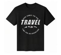 Shein Camiseta unisex de manga corta y cuello redondo, 100 % algodón, con el gráfico "Aquí llega el sol, hora de viajar y vivir una aventura". Camiseta de v