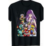 Shein Camiseta unisex negra con estampado de personajes de Saint Seiya y de la diosa, ropa casual, regalo, versátil, regalos de vacaciones para hombres, cam