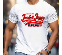 Shein Camiseta vaquera Jack & Jones para hombre con estampado moderno, 220 g/m², cuello redondo informal, algodón puro, manga corta (1 pieza)