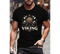 Shein Camiseta vikinga de hombre de peso pesado con diseños nórdicos de barco vikingo, espada y runas POHB, adecuada para eventos de historia nórdica, cuell