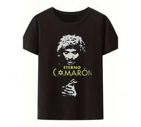 Shein Camiseta vintage de anime manga para hombres De La Isla Flamenco - Camiseta negra oversize con texto en español ETERNO CAMARON, diseño retro de manga,