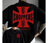 Shein Camiseta vintage estilo West Coast Choppers con locomotora americana, tipografía gótica de locomotora, manga corta holgada, diseño estampado a doble c