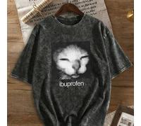 Shein Camiseta vintage lavada talla grande para mujer, camiseta gráfica con expresión de gato sonrojado divertida, camiseta de humor loco y torpe, de algodó