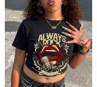 Shein Camiseta vintage para mujer "Always Rock", ajuste regular 2026 Camiseta gráfica retro, cómoda parte superior de manga corta de punk rock, prenda de ve