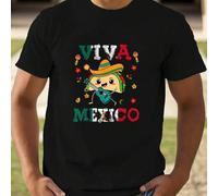 Shein Camiseta Viva México en negro con estampado de dibujos animados, 220 g/m², para hombre, informal, cuello redondo, puro algodón, manga corta (1 pieza)