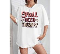 Shein Camiseta "Y'all Need Therapy", algodón de 220 g, informal, de verano, con cuello redondo y manga corta (1 unidad)