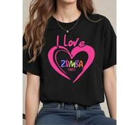 Shein Camiseta Zumba Fitness Heart, primavera, cuello redondo, corte holgado, hip-hop urbano, diseño gráfico