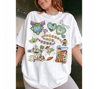 Shein Camisetas con licencia oficial de Disney Toy Story 5 con esquema de colores retro, camisetas de Woody y Buzz Lightyear de Disney, camisetas de vacacio