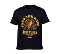 Shein Camisetas de algodón para hombre con un estampado elegante y mangas cortas: surfista con puesta de sol, inscripción "Take the Wave as it comes", motiv
