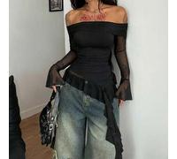 Shein Camisetas de hombros descubiertos con volantes y lazos, estilo urbano, de festival, de concierto country, Y2K, boho y gyaru para mujer, para otoño y t