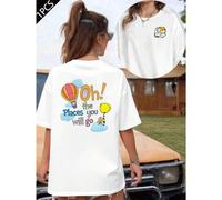 Shein Camisetas gráficas Oh the Places, camiseta para mujer con estampado a doble cara, moderna e informal, cuello redondo, 220 g/m², algodón puro (1 pieza)