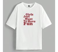 Shein Camisetas holgadas de talla grande con impresión minimalista casual y cuello redondo, manga corta, adecuadas para el verano, "Girls Just Want to Have