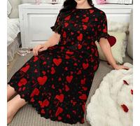 Shein Camisón de manga corta con cuello redondo, bajo con volantes y estampado de corazones para tallas grandes, vestido de dormir tipo "Moo Moo"