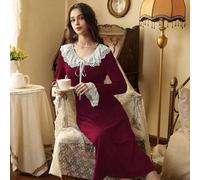 Shein Camisón de mujer con cuello Peter Pan de encaje retro francés, de manga larga, con detalles acogedores y elegantes, ideal para la temporada otoño e in