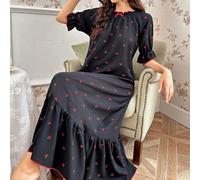 Shein Camisón de mujer con estampado de flores de cerezo negro y mangas abullonadas, Moo Moo con esplendor floral abundante, detalles acogedores y elegantes