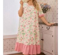 Shein Camisón de mujer con estampado de tulipanes, manga corta y volante en el bajo, vestido midi romántico para dormir de talla grande