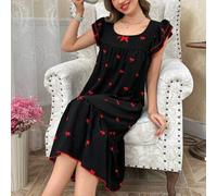 Shein Camisón de mujer con volantes y estampado de cerezas de dos capas, con mangas cortas. Detalles acogedores y elegantes con esplendor floral abundante p